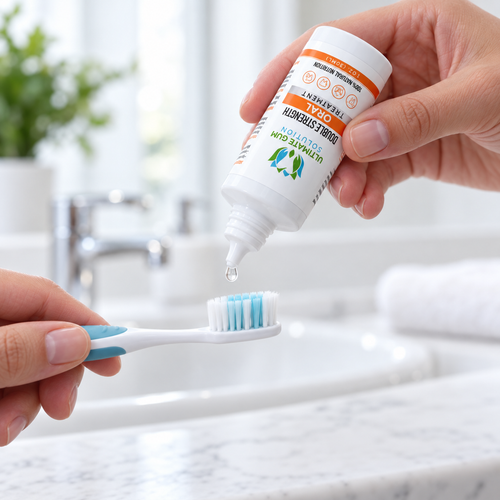 Applying drops of Ultimate Gum Solution to a soft toothbrush