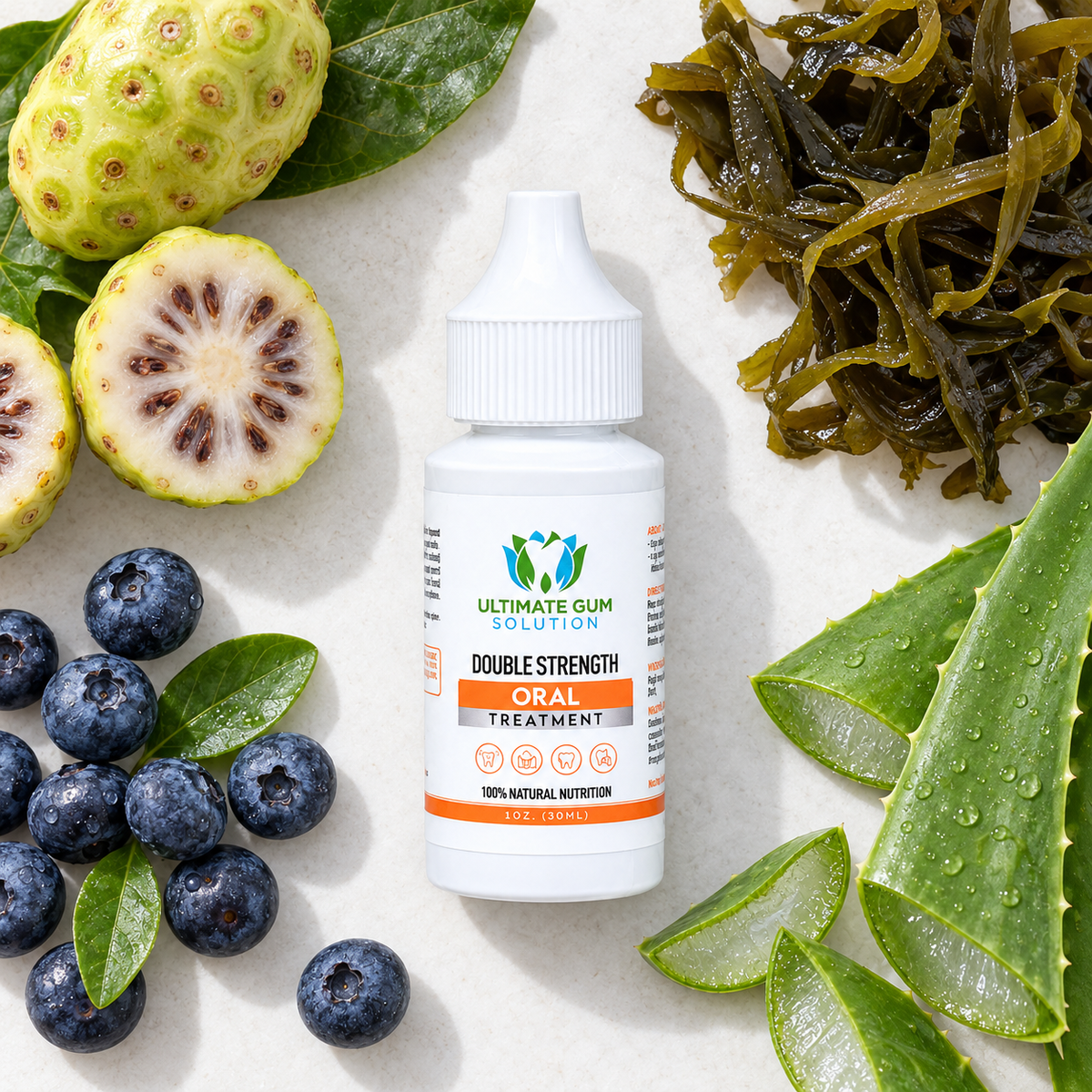 Ultimate Gum Solution bottle with noni fruit, wild blueberries, seaweed and aloe vera